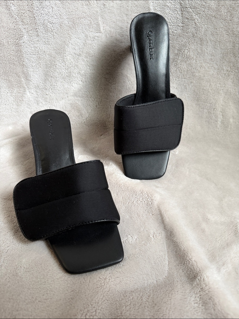 Open Edit Black Square Toe Mule Heels Minimalist Slide Sandals Size 6.5
